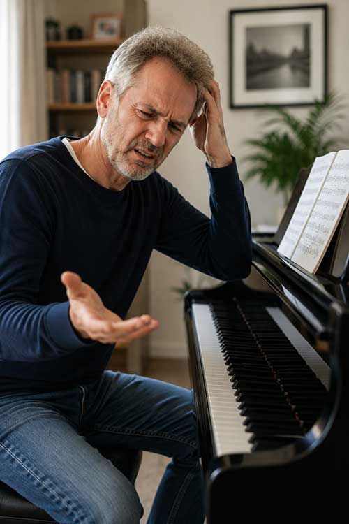 Man struggling to play piano with both hands together